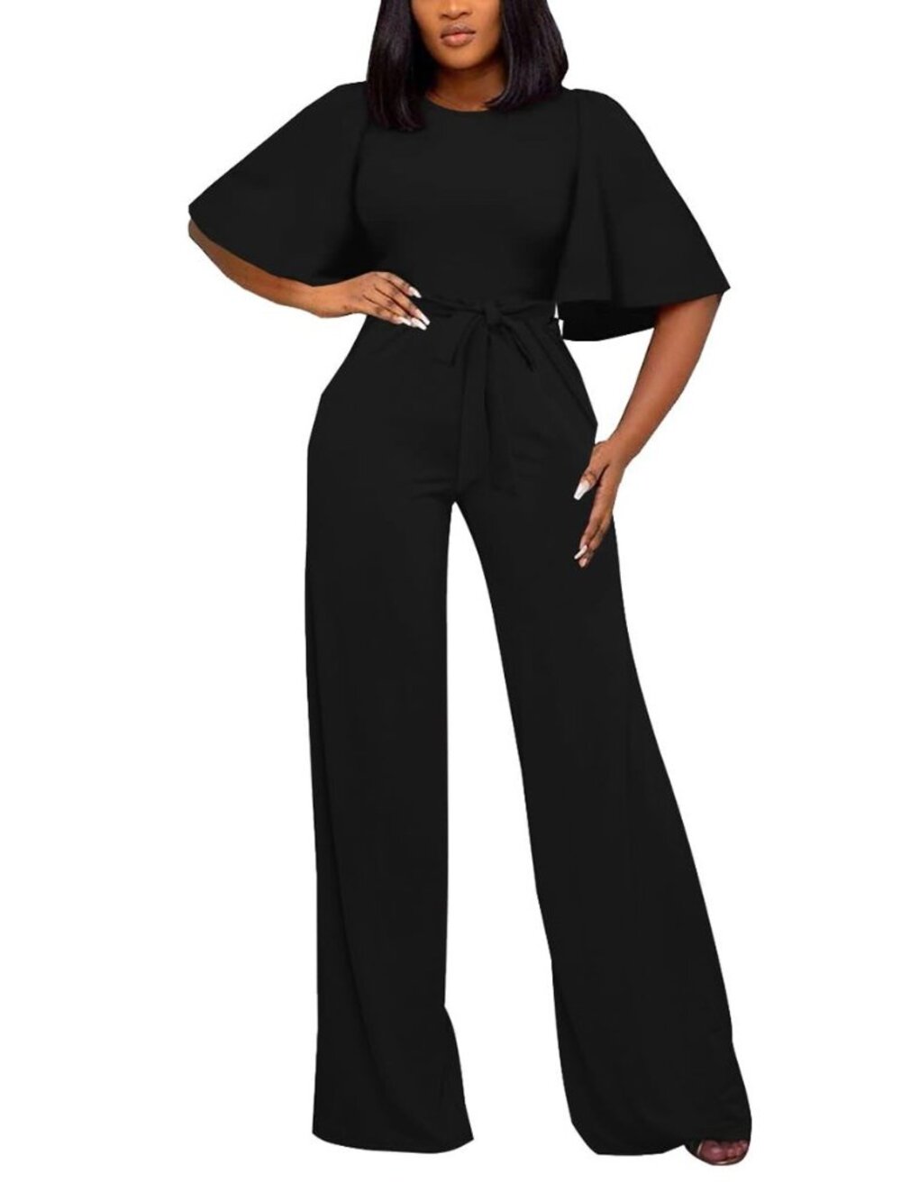 Womens Loose Short Sleeve Belted Wide Leg Pant Romper Jumpsuit Casual Business